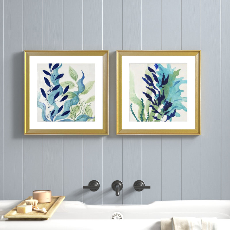 Blue Coral I - ensemble de 2 peintures, H 17,5 po x l 35 po, Impression encadrée avec passe-partout, Doré