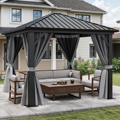 10 pi. L 10 pi. D Pavillon de jardin en aluminium avec rideaux gris