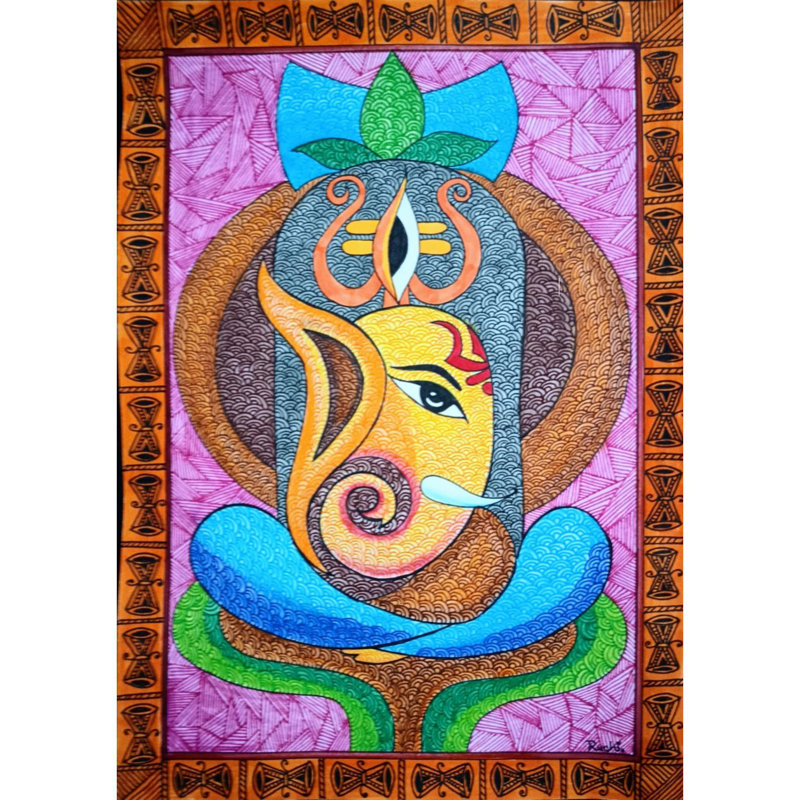 «Lord Ganesha with Shivling Alcoher Markers and Fineliners», peinture sur papier par Ruchi - art mural Madhubani