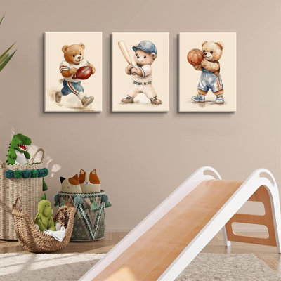 3 Pcs Nursery Bear Wall Art Boys Sports Canvas Wall Decor Vintage Cute Animal Poster Prints Kids Room Painting Pictures For Living Room Bedroom Ready To Hang (16X24in Canvas)