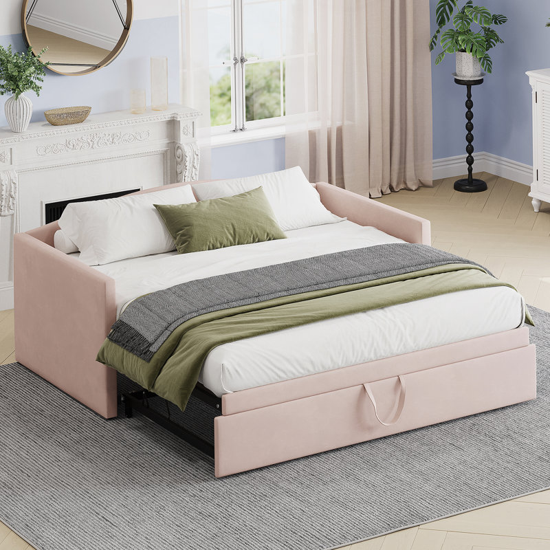Lit de jour en velours avec couchette extensible, Rose