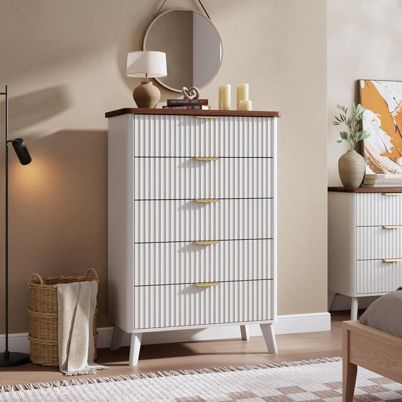 Commode cannelée pour chambre à coucher avec 5 tiroirs profonds, commode de 47,2 po de hauteur, Blanc