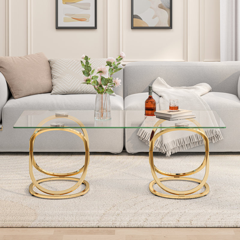 Table basse 31,50 "en verre rectangulaire moderne avec cadres en forme d'anneau, structure en métal et verre trempé transparent, table de centre de luxe pour le salon, la chambre à coucher et le bureau, or