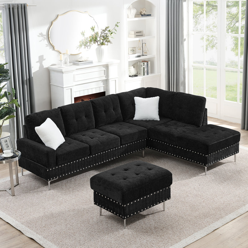 L -Shaped Upholstery Sectional With Reversible Chaise,3-Seaters Sofa With Storage Ottoman And Copper Nails, Black Chenille