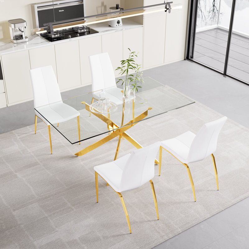 Bezons 4 - Person Glass Top Pedestal Dining Set, White/Gold