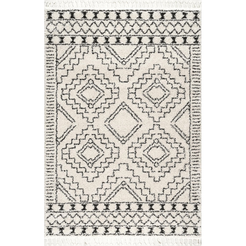 Adry Moroccan Shag Tasseled Cream/Charcoal Area Rug, Rectangle 6'7" x 9'2"