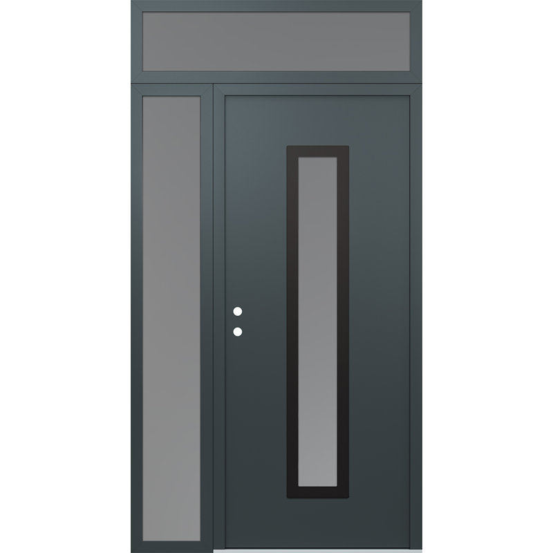 Porte d'entrée pré-suspendue à panneau en acier noir Diamond A11 avec panneau latéral et traverse, L 49,25 po x H 95,69 po