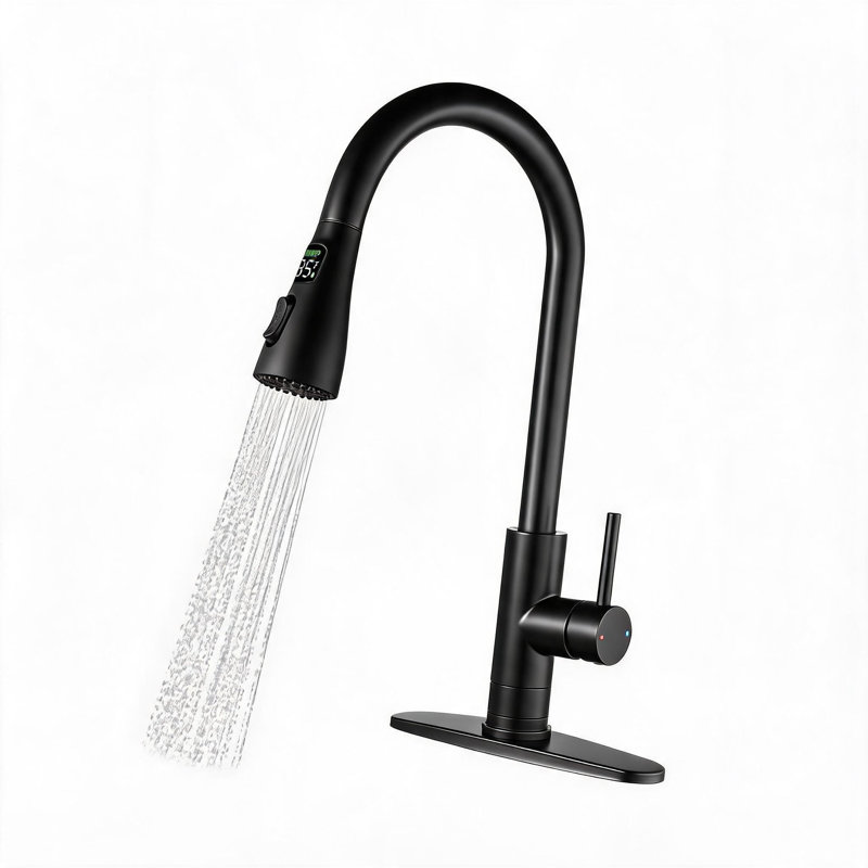 Robinet de cuisine 3 en 1 en acier inoxydable noir mat avec affichage de la température à DEL 3 couleurs et douchette rétractable