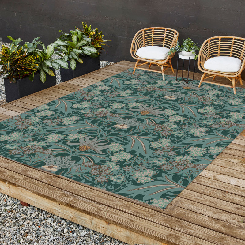 Tapis d'extérieur rectangulaire en polyester / chenille tissé à plat à motif floral Rahki, Rectangle 8 pi x 10 pi