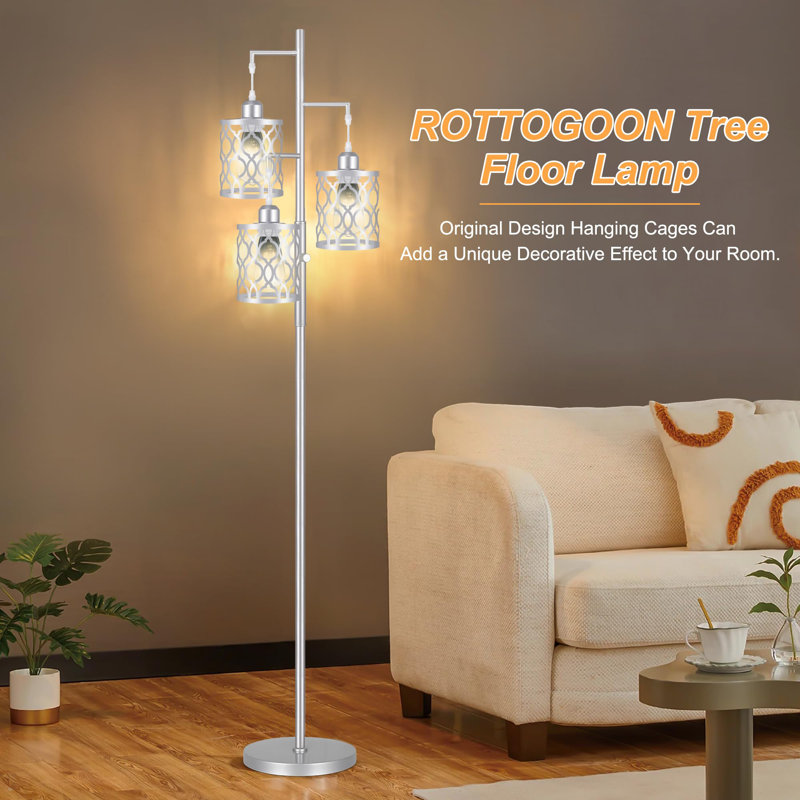 3-Light Floor Lamp, Dimmable With Foot Switch, Industrial Hanging Cages, LED Bulbs Included, White, White