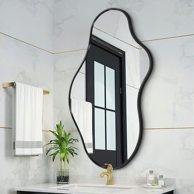 Irregular Metal Framed Wall Mirror, Asymmetrical Mirrors for Bathroom, Black, 60 cm H x 110 cm W