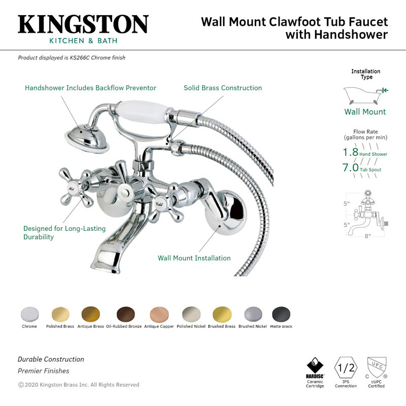 Kingston Brass Kingston Two-Handle 2-Hole Wall Mount Clawfoot Tub Faucet with Hand Shower, Polished Brass