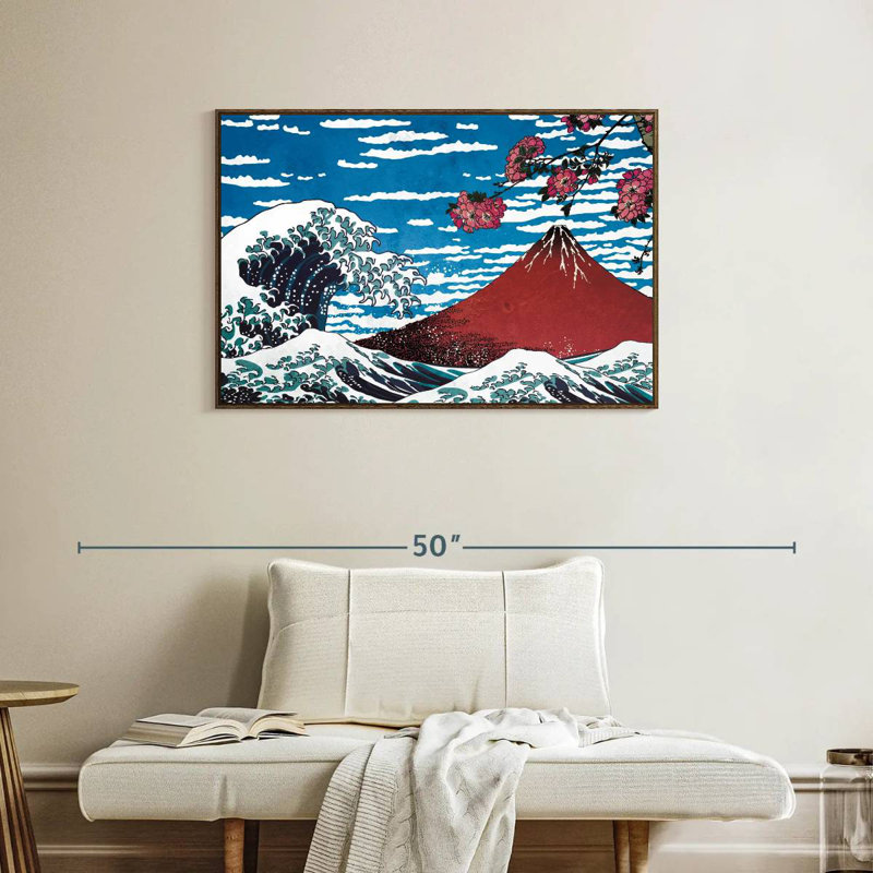Mer japonaise, 37 po x 25 po, Cadre flottant noyer