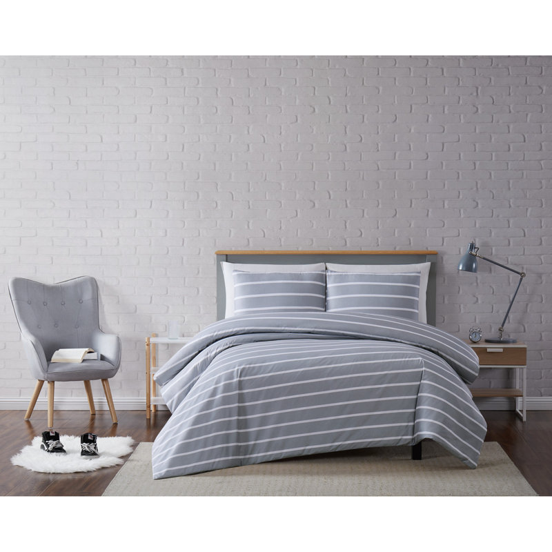 Ensemble de housse de couette Maddow Stripe, Housse de couette lit simple TG et 1 taie décorat, Gris