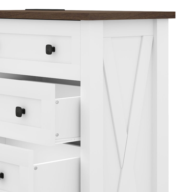 Armoire en bois Balconera, unité de rangement à 5 tiroirs avec plateau en noyer, boutons carrés noirs, multiprise, , Brun