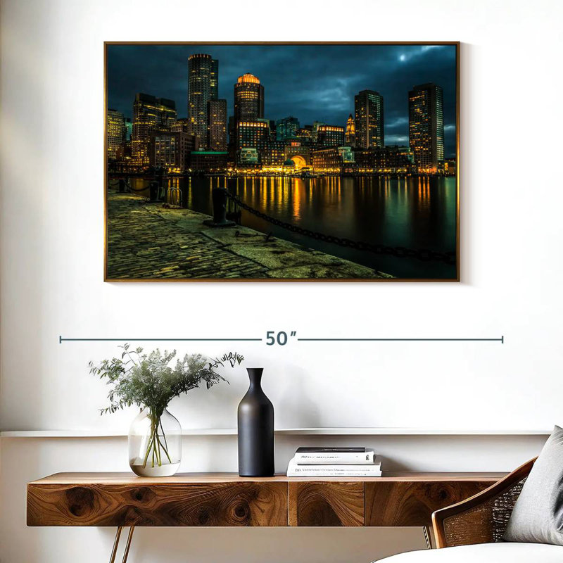 Silhouette de Boston la nuit, Cadre flottant doré, 40 po x 27 po