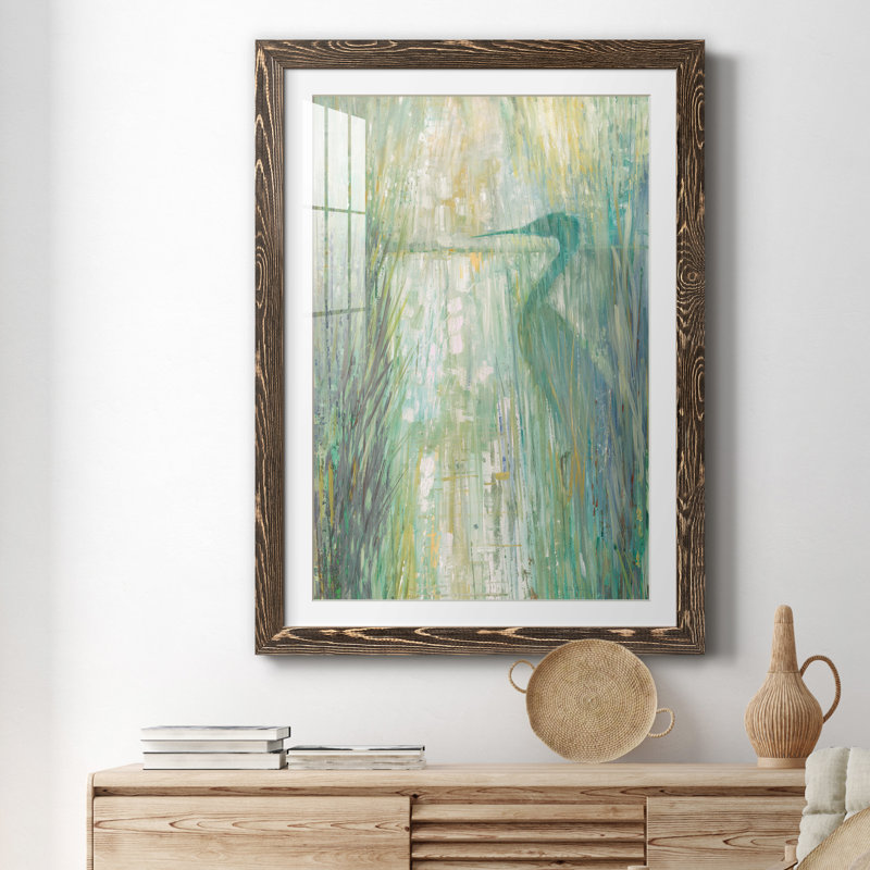 Morning Egret II - peinture encadrée, H 31 po x l 44 po x P 1 po, Encadré de bois de noyer