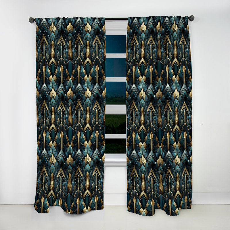 Teal And Gold Art Deco Geometric Glamour - Damask Curtain - Velvet Room Darkening - 1 Panel, 52" W x 120" L