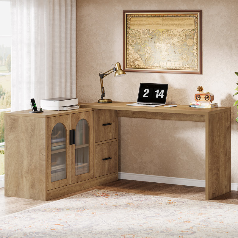 Bureau d'ordinateur moderne en L avec classeur, bureau de coin réversible pour bureau personnel