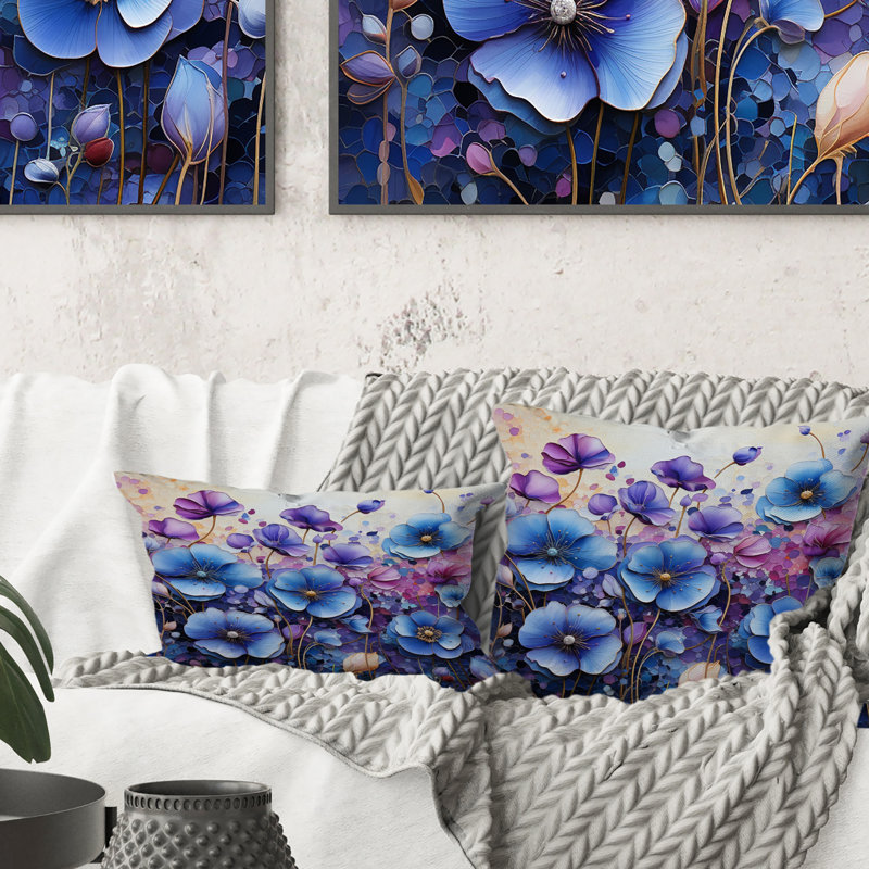 Coussin à imprimé pointillisme bleu - mauve Pansies Field