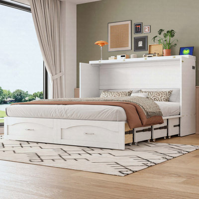 Queen Size Murphy Bed Wall Bed with drawer and a set of Sockets & USB Ports, Pulley Structure Design, White