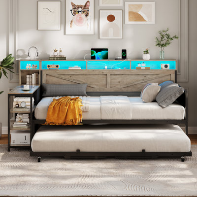 Daybed With Pop Up Trundle, Farmhouse Day Bed Frame With 3 Storage Drawers And Shelves, Daybed With Charging Station And Led Lights For Bedroom, Guest by Ivy Bronx