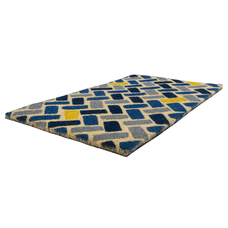 Geometric Blue and Yellow Coir Outdoor Doormat, 17" x 28"