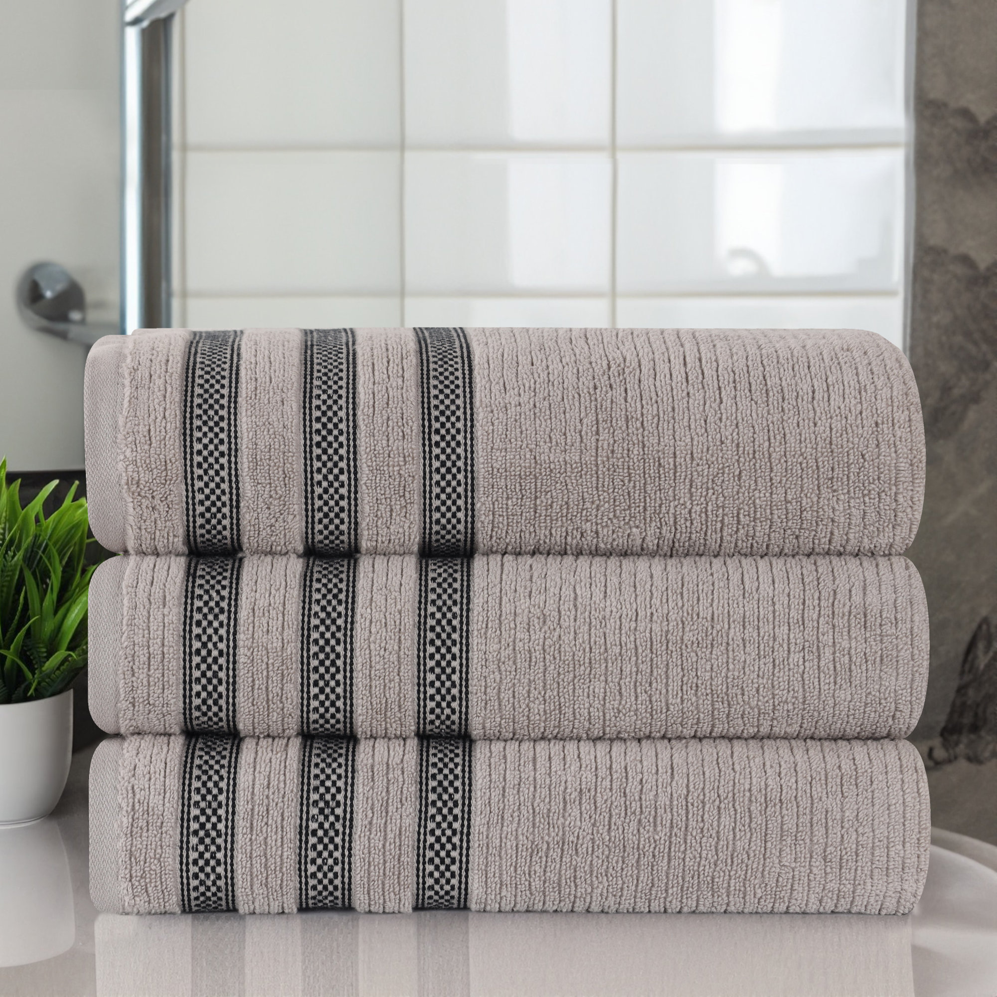 Emiliah Zero Twist Cotton Ribbed Modern Geometric Border Plush Soft Highly-Absorbent Bath Towel Set, Gray
