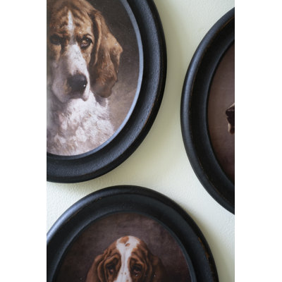  Framed Oval Dog Prints Wall Art – 12"H Classic Portrait Style Canine Artwork Collection, Set of Four