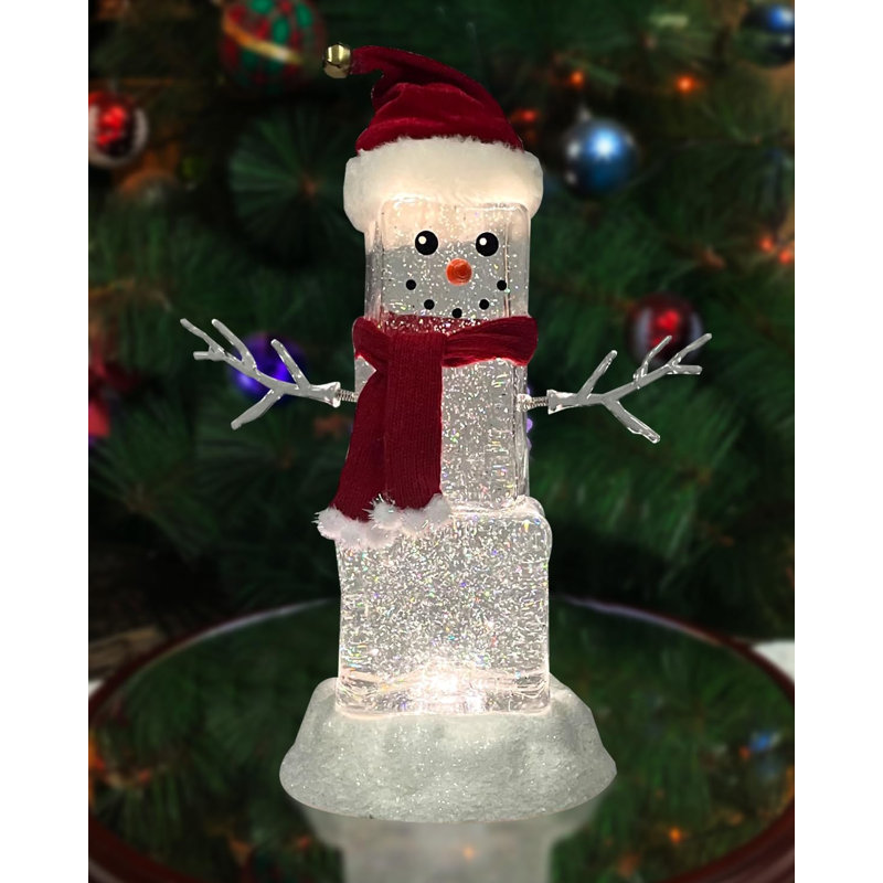 Bonhomme de neige en forme de cube de glace en acrylique 11,3 "de haut - lumières DEL, paillettes tournantes, décorations de Noël à piles