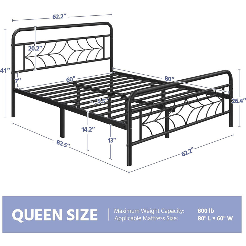 Queen Black Metal Bed Frame with Vintage Headboard and Storage