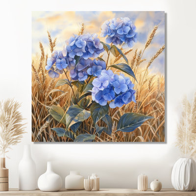 Paysage d'hortensias dans le champ de blé II - hydrangées, impression murale en métal