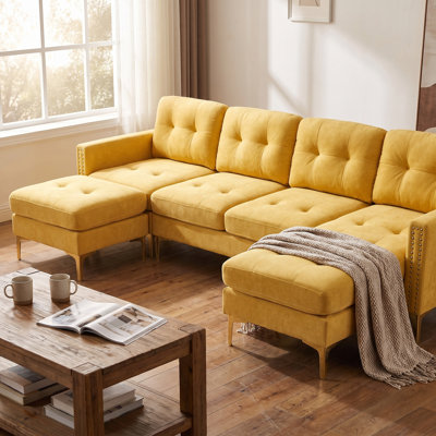 Canapé modulaire en L 110,6 po avec repose-pieds mobile, garniture cloutée, revêtement en velours et poches de rangement pour le salon, l’appartement