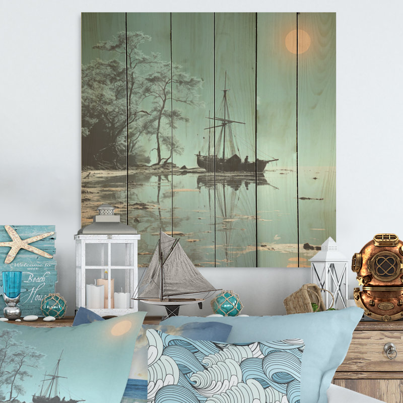 Coucher de soleil privé, répit, pirate, art sur bois de pin naturel, H 25 po x l 25 po