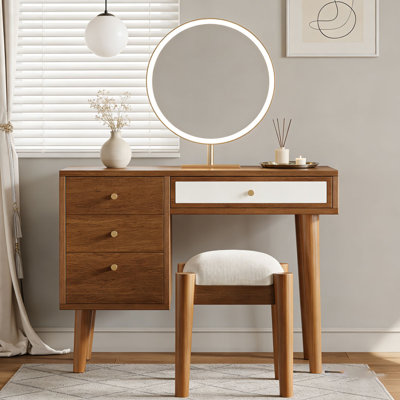 Ensemble coiffeuse 39 po en bois de style bohémien rétro avec prise de charge et port USB