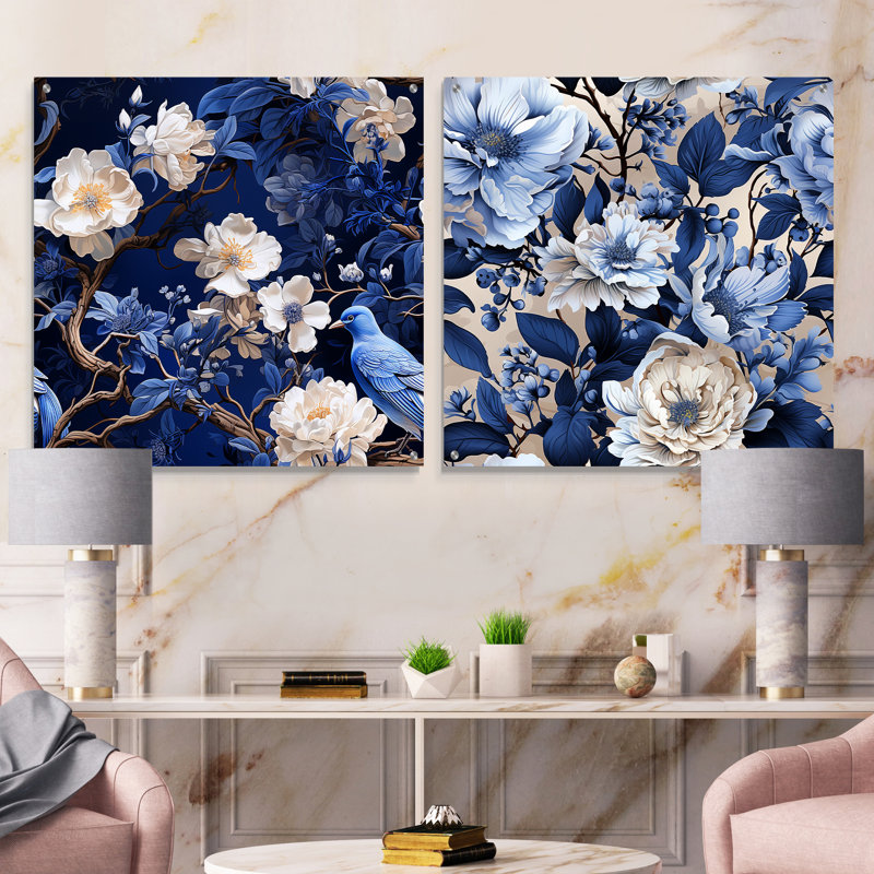 Cobalt bleu chinoiserie II motif victorien - ensemble d'art mural en acrylique sur verre floral, H 16 po x l 33 po