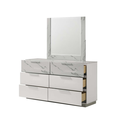 Commode Mist - finition bicolore très brillante en marbre et en laque avec six tiroirs spacieux, intérieurs doublés de velours