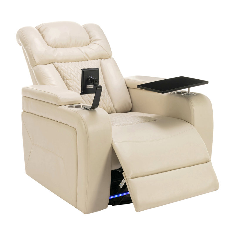 270 Degree Swivel Pu Leather Power Recliner Home Theater Recliner With Tray Table, Phone Holder,Cup Holder,Usb Port, White