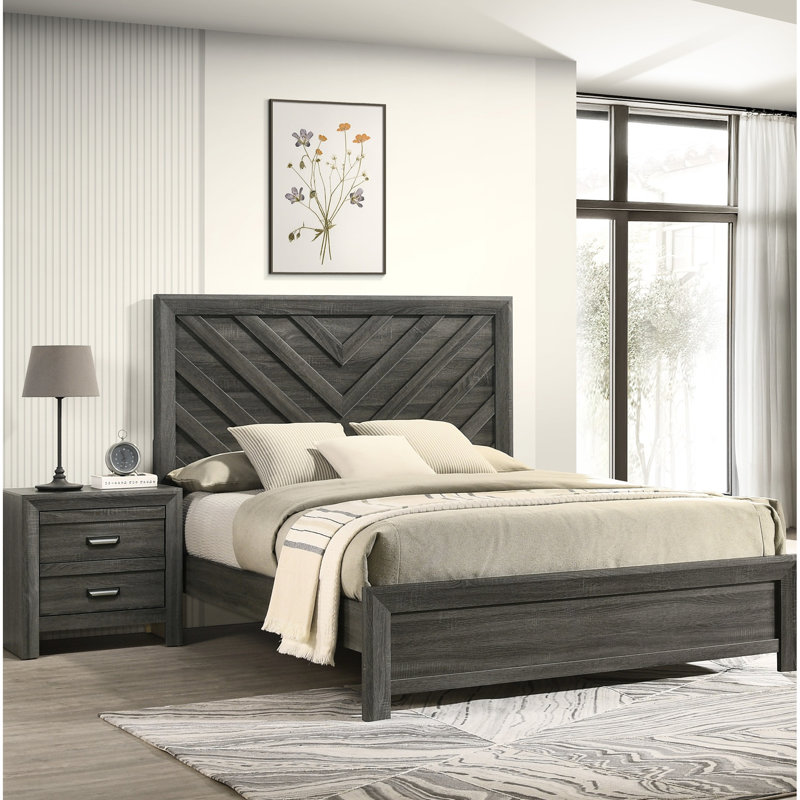 Rustic Grey Finish Full Size Bed With Geometric Design And Pattern, Contemporary Bedroom Furniture Of Solid Wood Frame In Style Finish, Headboard