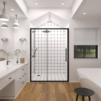 Porte de douche à cadre 56 po x l 56 po x H 72 po, porte de douche double coulissante en verre trempé transparent de 1/4 po (6 mm) pour douche à l'italienne, facile à nettoyer, noir mat