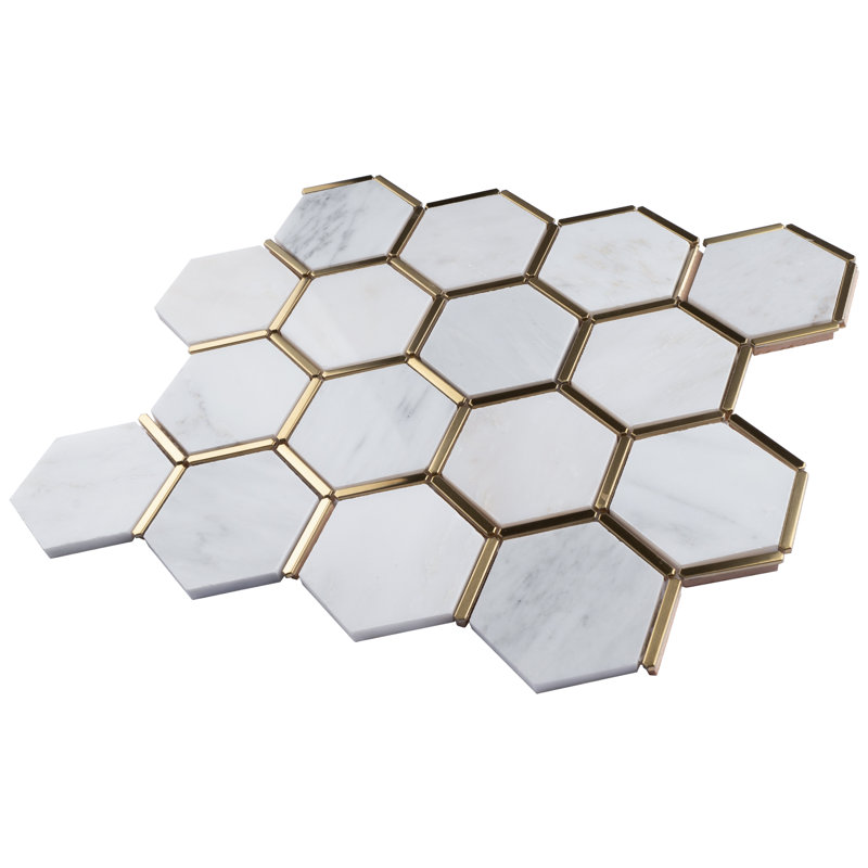 Supreme Tile Natural Bianco 3" x 3" Marble Honeycomb Mosaic Wall Tile, White/Gold