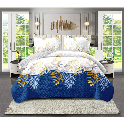 Ensemble de housse de couette 3 pièces, literie 100% microfibre de luxe avec fermeture à glissière cachée et 4 attaches de coin, imprimé botanique tropical bleu marine et doré