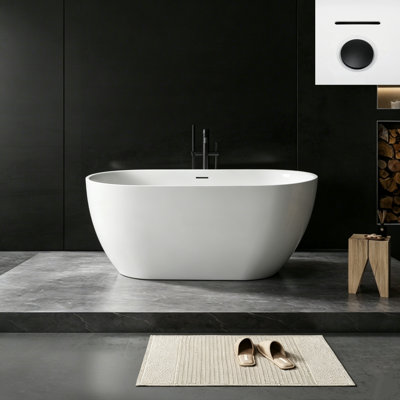 55" x 28.74" Freestanding Acrylic Bathtub Deep Soaking Tub Glossy White with Integrated Overflow, Matte Black Pop‑up Drain