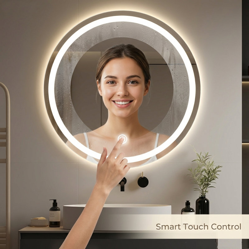  Led Bathroom Mirror With Lighting,round Mirror With Lighting,bathroom Wall Mirror,3 Dimmable Light Colors,bathroom/Vanity Mirror With Touch Switch And Defogging,