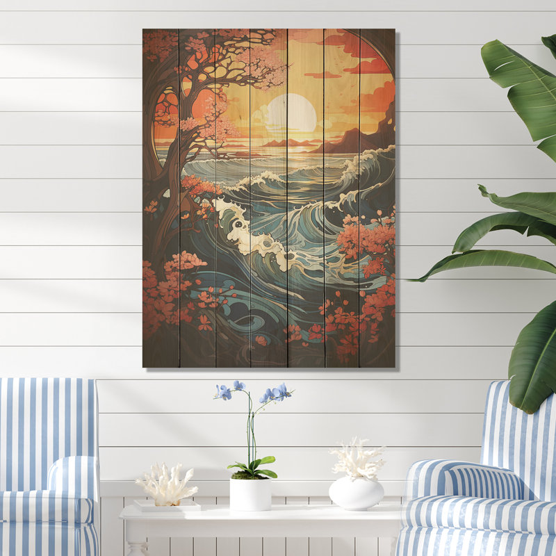 Vagues japonaises oranges au coucher du soleil II - coucher de soleil côtier sur bois, H 32 po x l 24 po