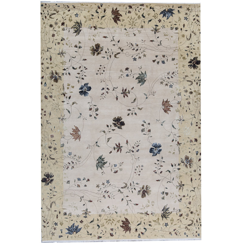 Tapis ivoire et doré de haute qualité noué à la main