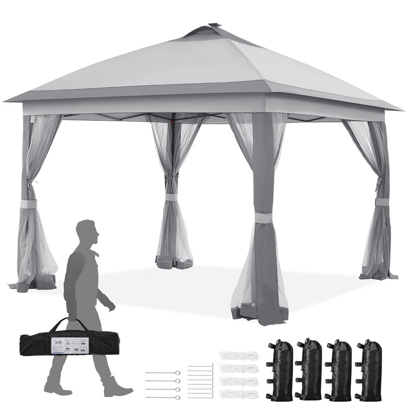 11 Ft. W x 11 Ft. D Iron Patio Gazebo with Solar LED Lights, Stainless Steel, Gray