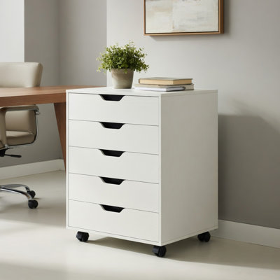  Classeur mobile à 5 tiroirs avec roulettes verrouillables, armoire de rangement compacte pour salon, bureau à domicile et bureau, blanc