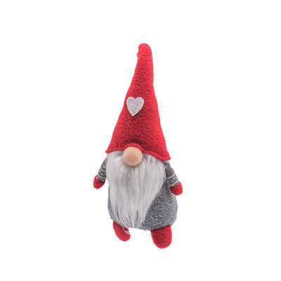 Gnome debout en tissu rouge / gris avec un chapeau en forme de cœur