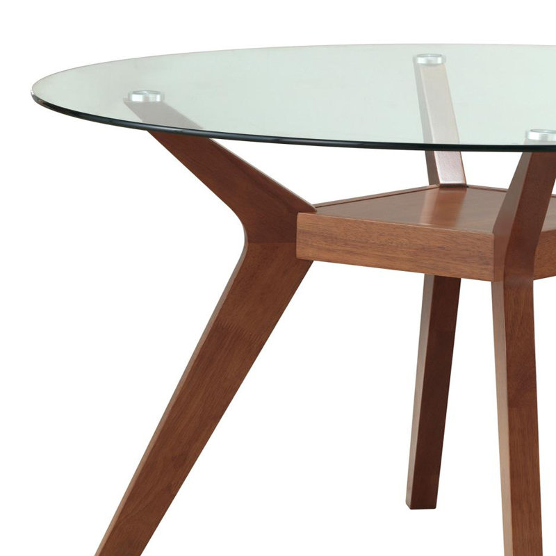 Hisaye Round Dining Table with Glass Top in Clear and Brown